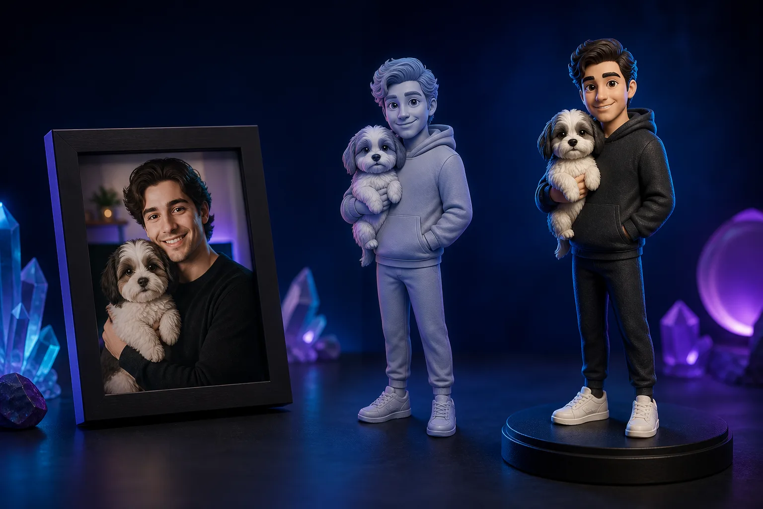 A reference photo, personalized preview, and finished keepsake figurine