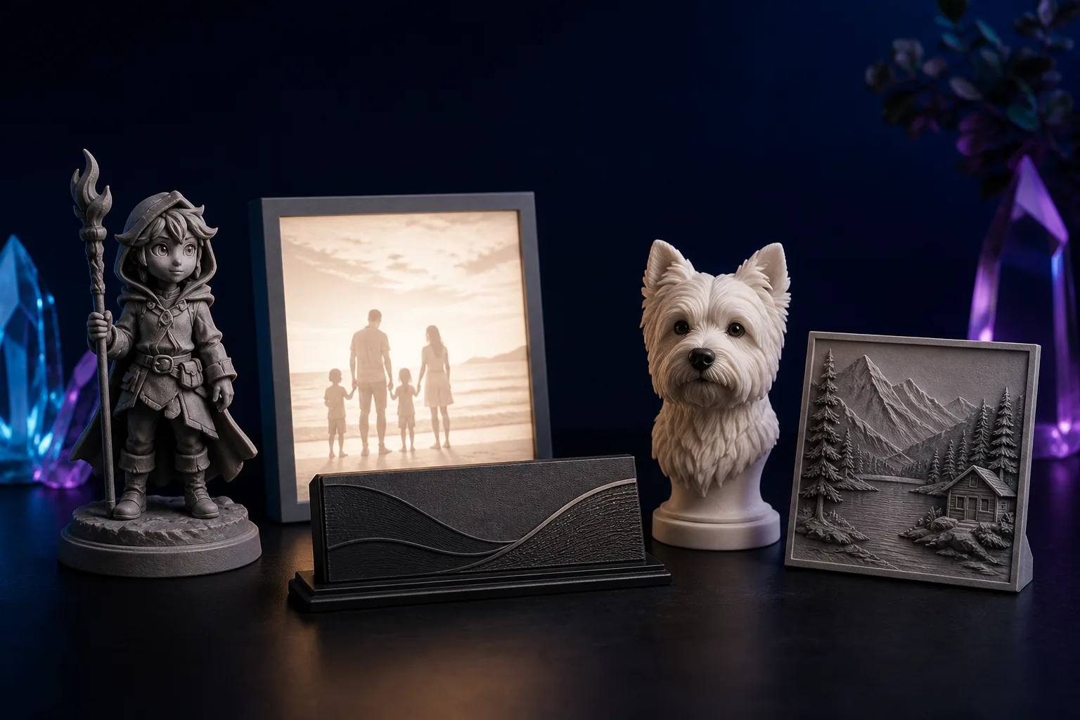 Collection of a figurine, lithophane, pet portrait, plaque, and personalized object