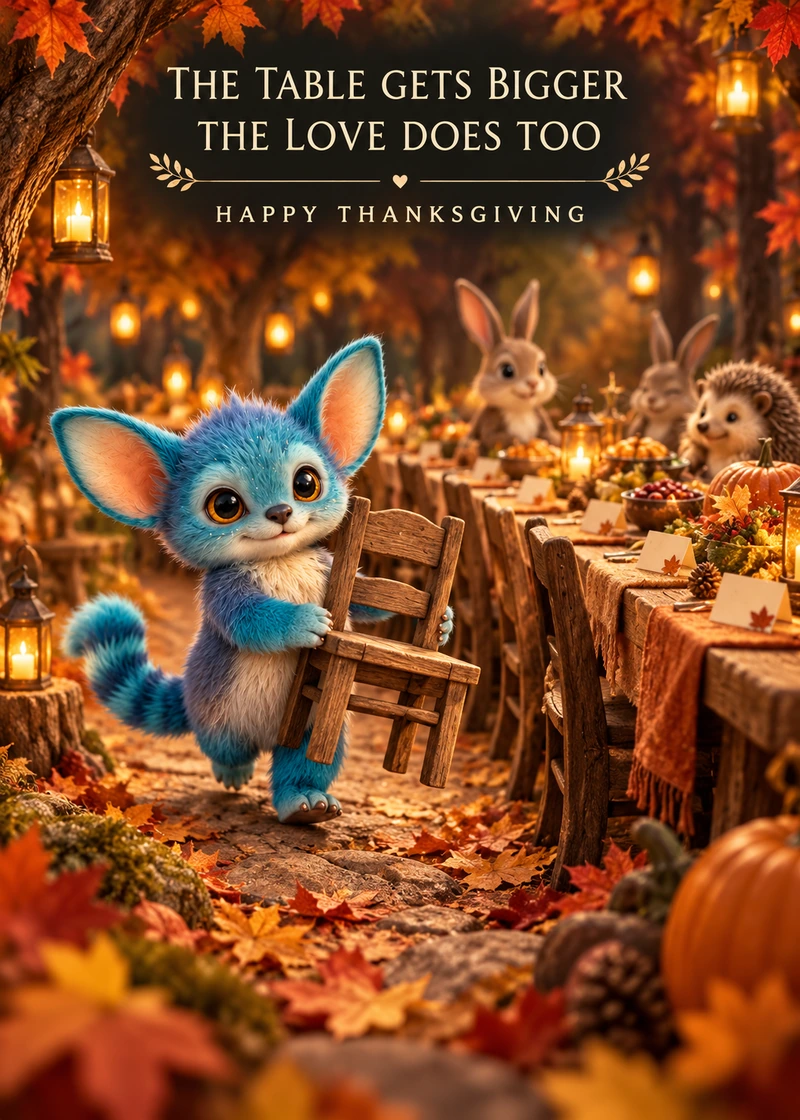 The Table Gets Bigger — Card front. Miri carries one more chair to a woodland Thanksgiving table, celebrating the joy of making room for others.