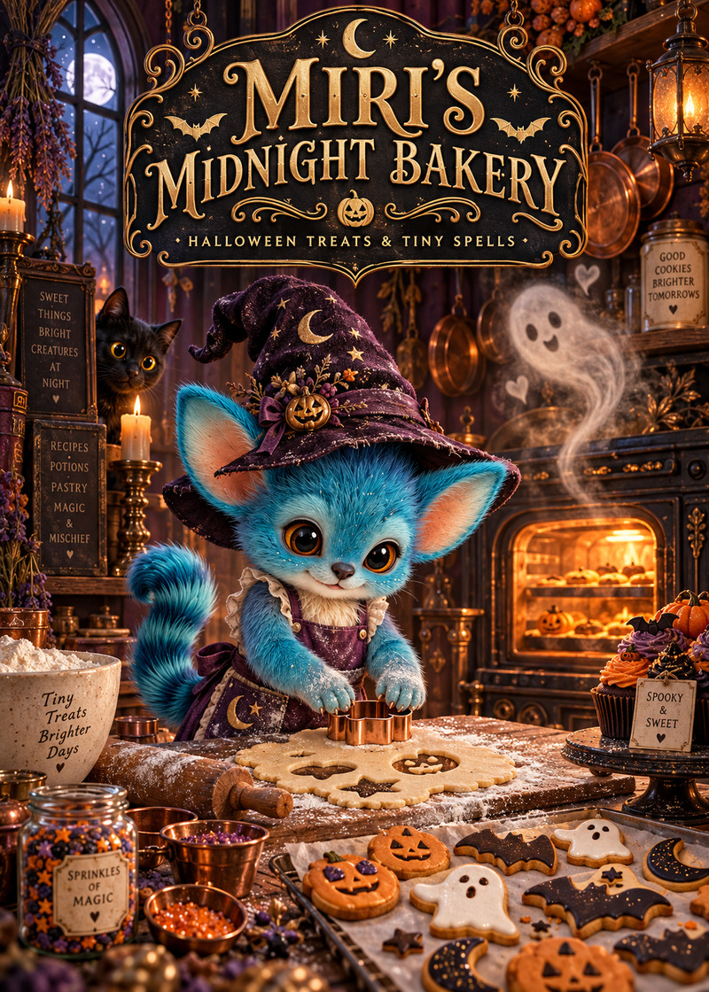 Miri's Midnight Bakery — Card front. A tiny gothic bakery fills with pumpkin cookies, friendly ghostly steam and Miri’s Halloween mischief.