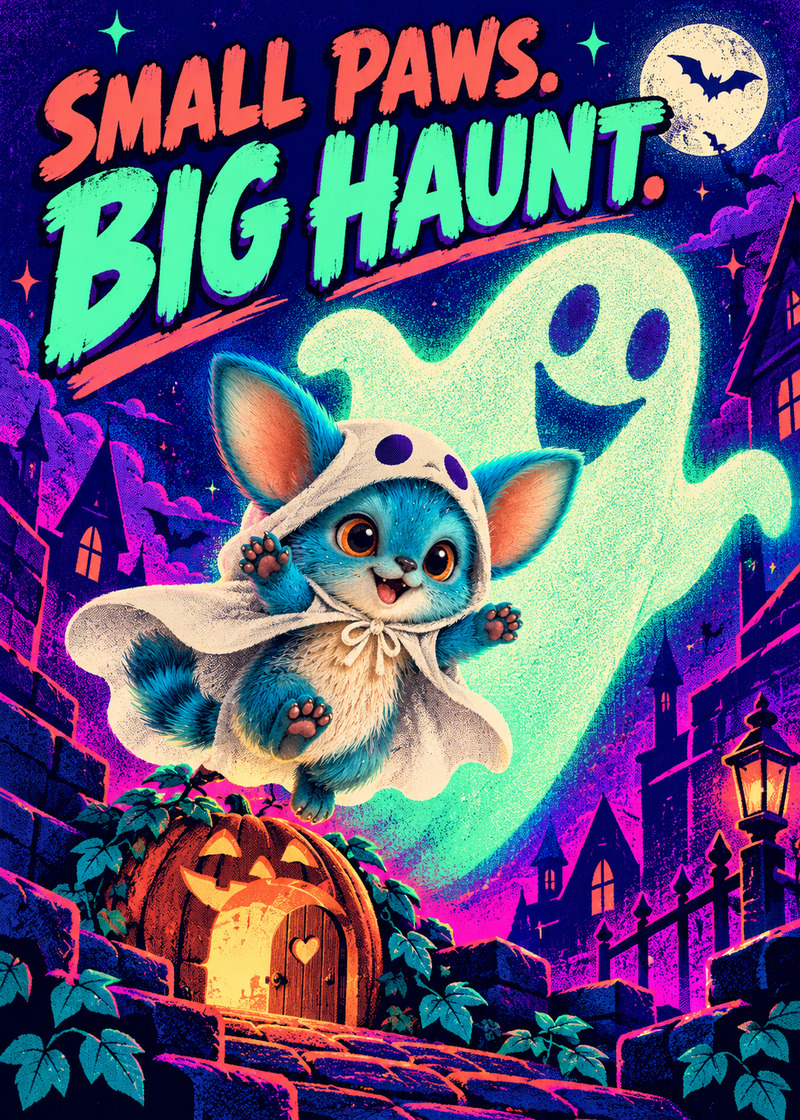 Small Paws. Big Haunt. — Card front. Miri’s little ghost costume casts an enormous friendly shadow in a vivid arcade-inspired Halloween scene.