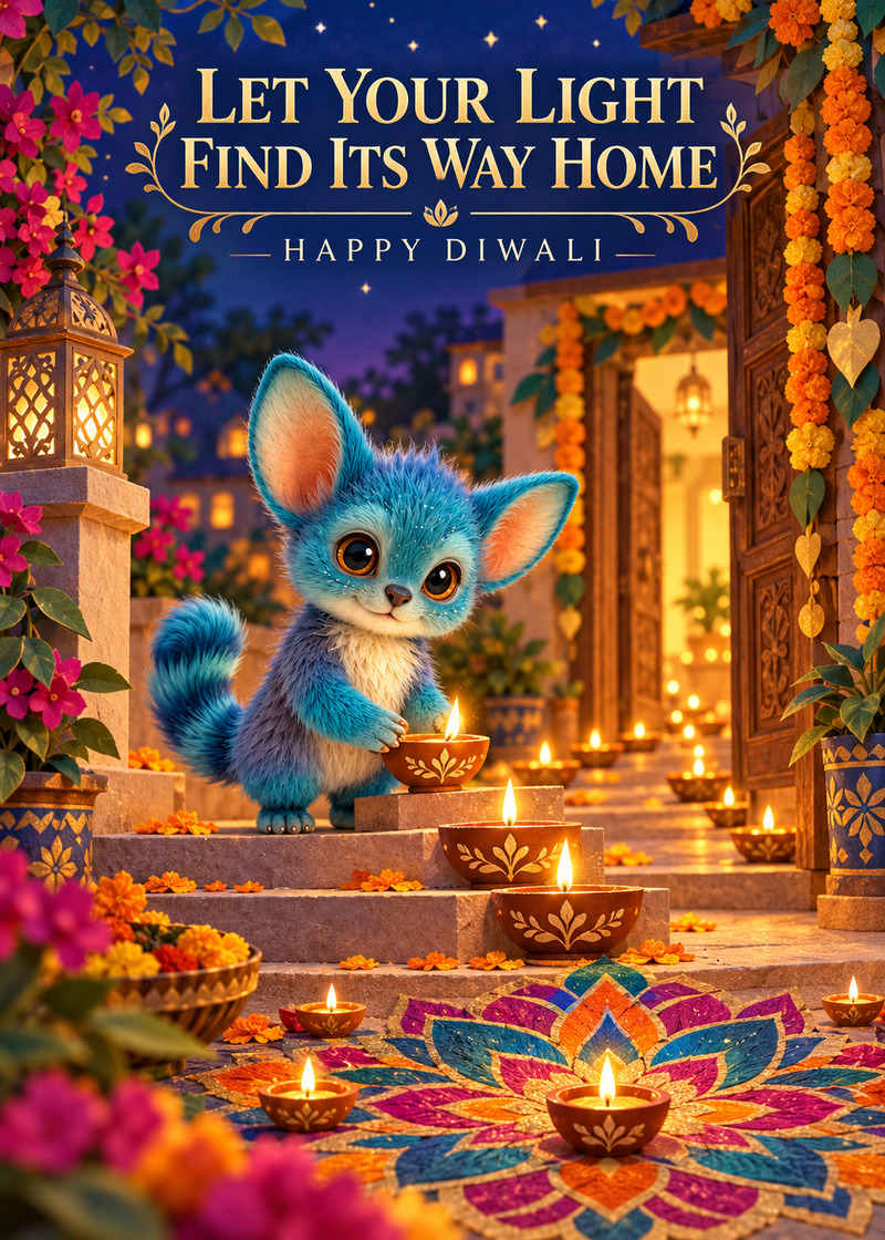 Let Your Light Find Its Way Home — Card front. A trail of glowing diyas and a welcoming doorway frame Miri’s warm Diwali greeting.