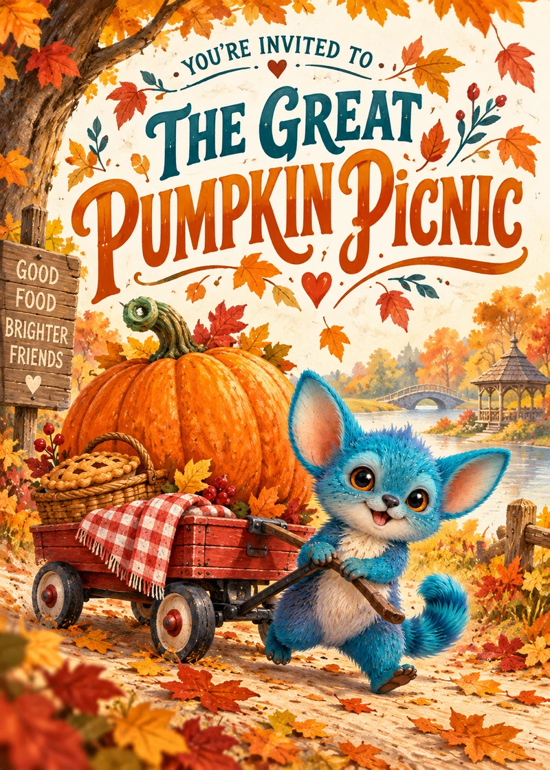The Great Pumpkin Picnic — Card front. Miri pulls an oversized pumpkin to an autumn picnic, with retro lettering and a warm illustrated palette.