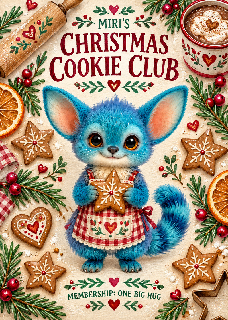Christmas Cookie Club — Card front. Miri presents a gingerbread star in a festive design inspired by handmade Scandinavian Christmas traditions.