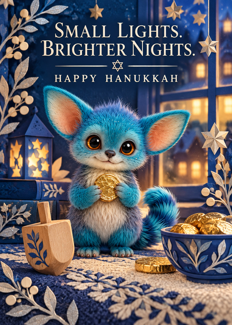 Small Lights. Brighter Nights. — Card front. A blue-and-silver Hanukkah scene pairs Miri with a dreidel and chocolate coins.