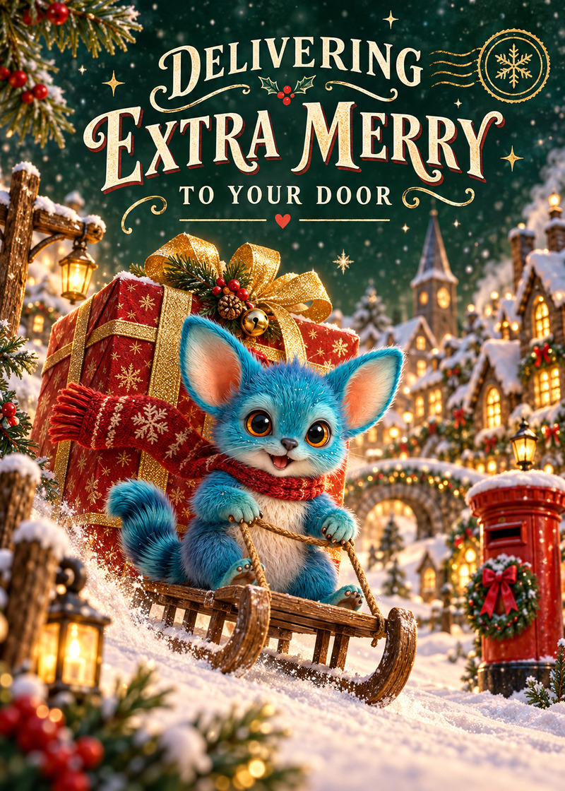 Delivering Extra Merry — Card front. Miri delivers an oversized Christmas parcel through a glowing miniature winter village.