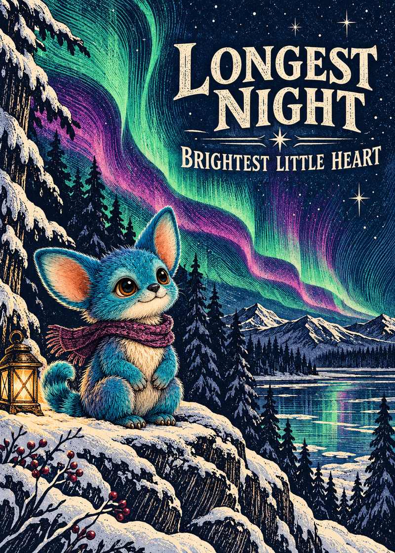 Longest Night, Brightest Little Heart — Card front. A northern woodcut-style winter scene places Miri beneath sweeping auroras and a quiet starry sky.