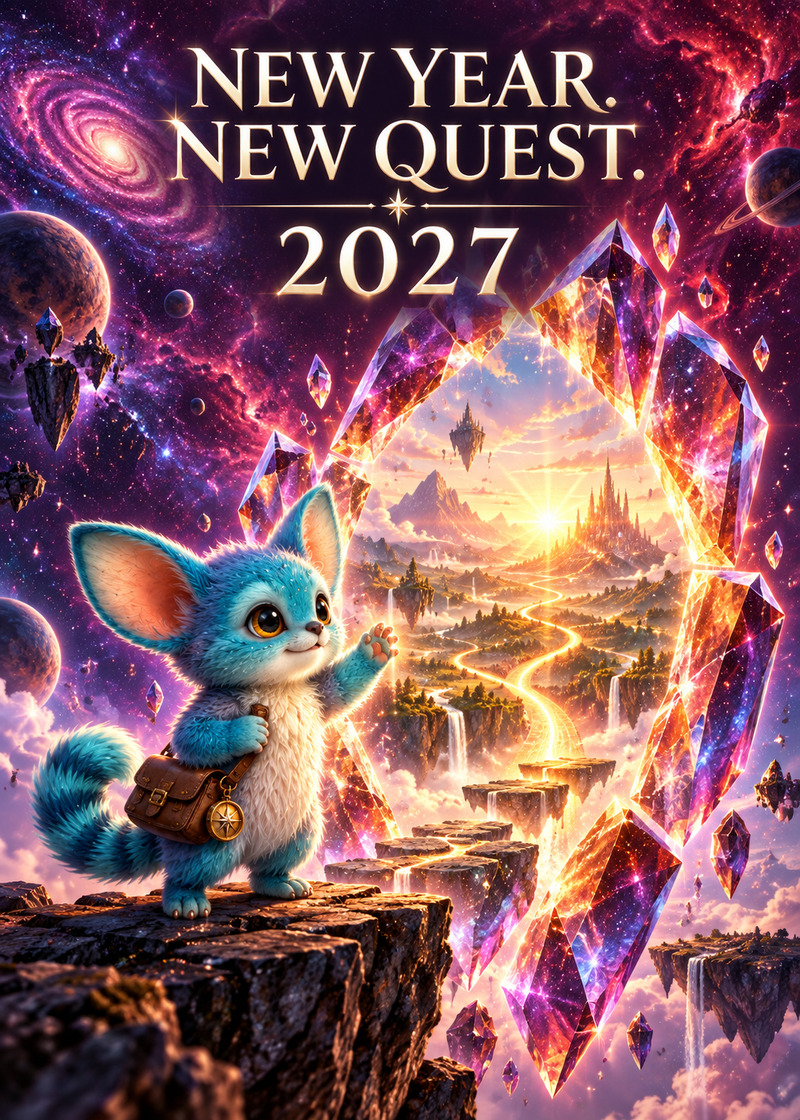 New Year. New Quest. 2027 — Card front. Miri steps toward a glowing crystal portal, welcoming 2027 with a new adventure.