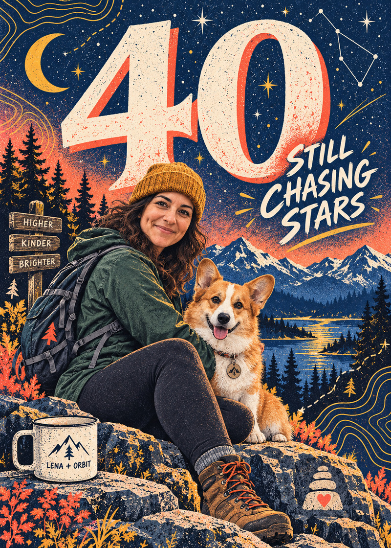 Lena: Forty, Still Chasing Stars — Card front. A milestone birthday celebrates Lena’s favourite trails, stargazing and life with her rescue corgi Orbit.