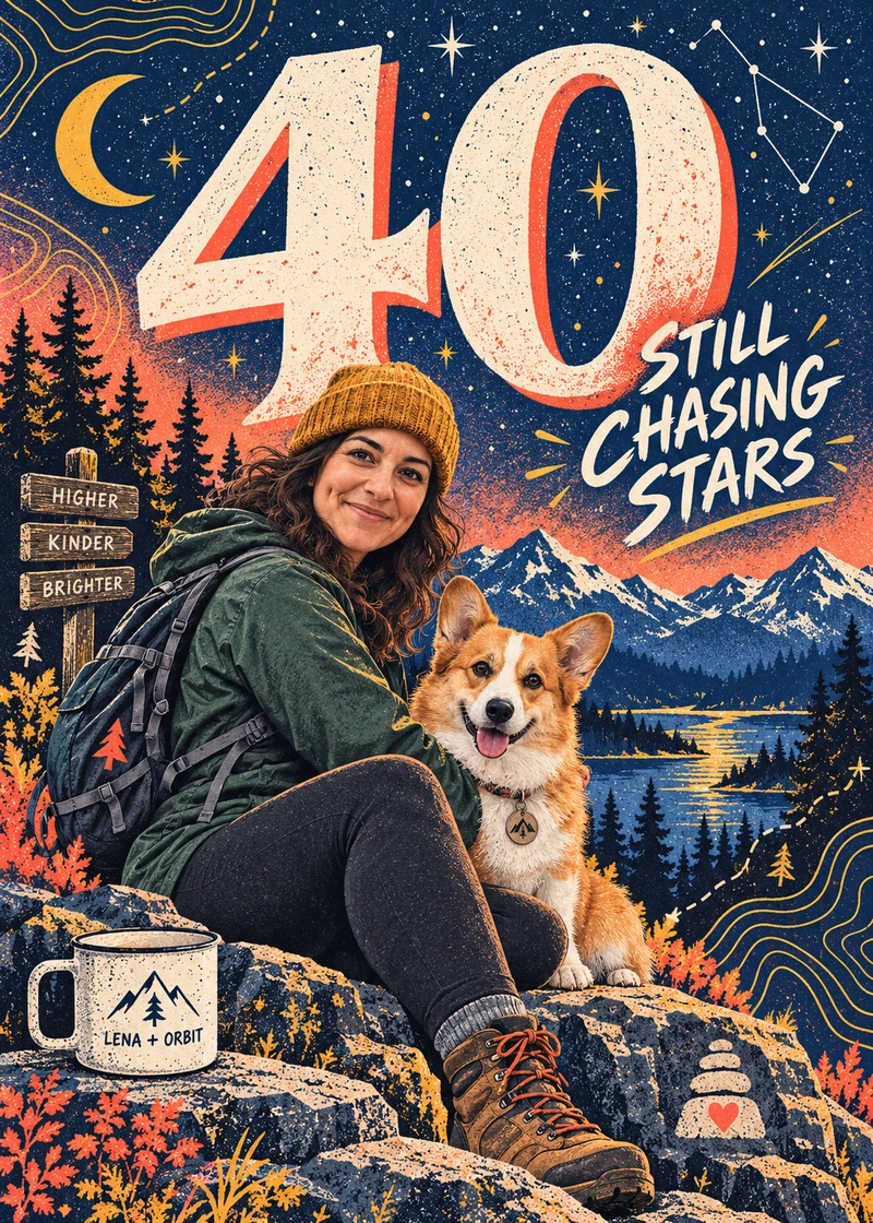Lena: Forty, Still Chasing Stars — Card front. A milestone birthday celebrates Lena’s favourite trails, stargazing and life with her rescue corgi Orbit.