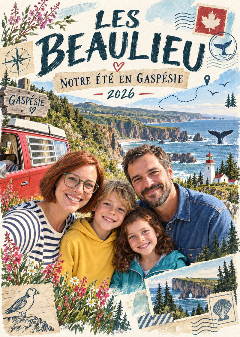 Les Beaulieu: Notre été en Gaspésie — Card front. A family road trip becomes a keepsake with their camper, lighthouse picnics and coastal memories.