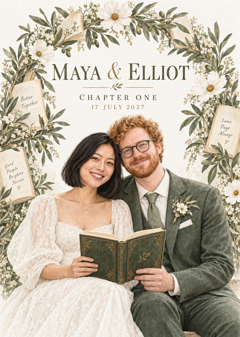 Maya & Elliot: Chapter One — Card front. A library-themed wedding card brings the couple’s faces, bookshop meeting and wedding date into one botanical design.