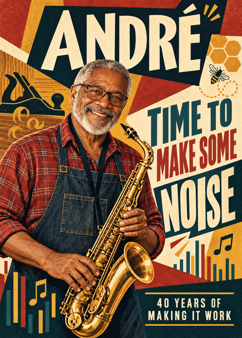 André: Time to Make Some Noise — Card front. A jazz-inspired retirement card celebrates a maker’s next chapter: woodworking, beekeeping and saxophone.
