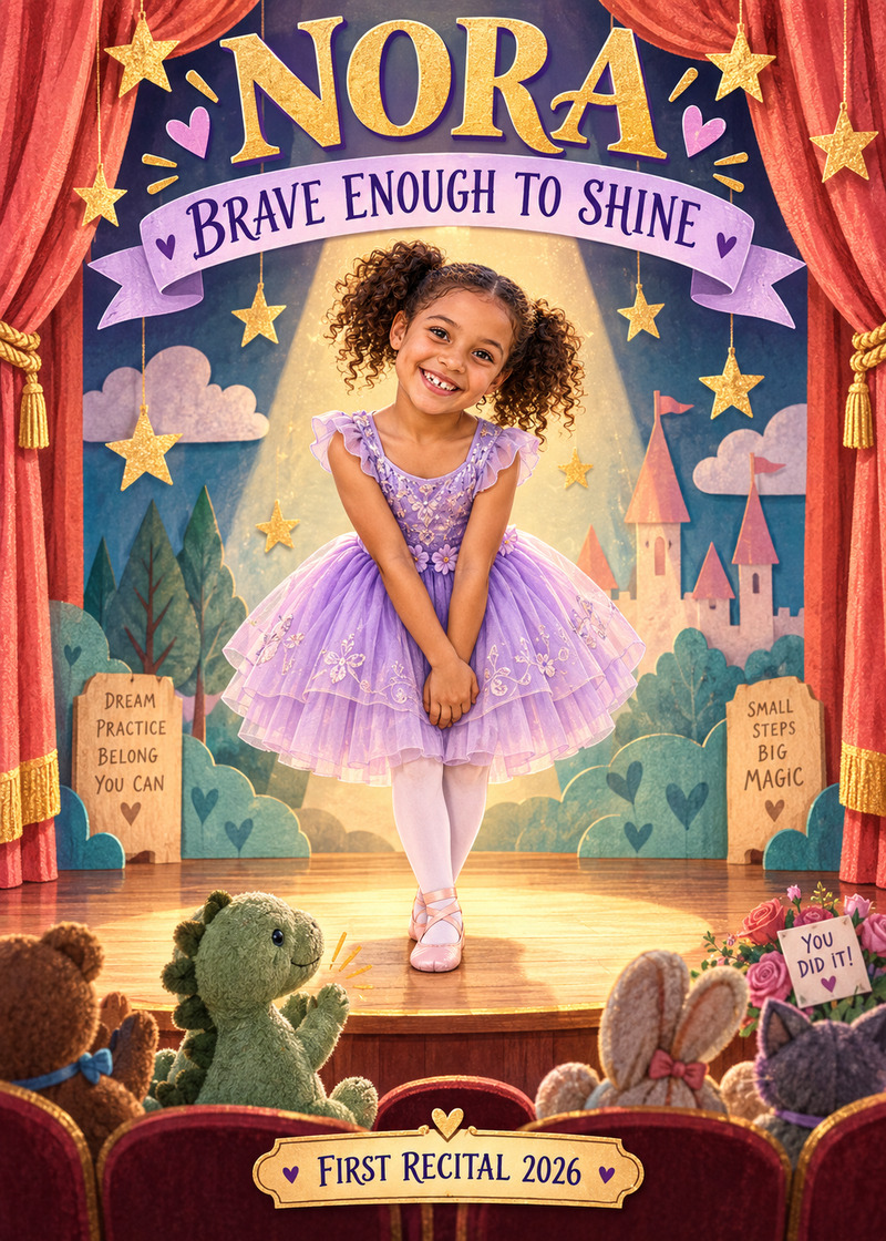 Nora: Brave Enough to Shine — Card front. A first recital becomes a paper-theatre celebration starring Nora and her favourite dinosaur toy.