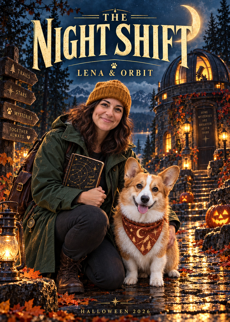 Lena & Orbit: The Night Shift — Card front. A woman and her corgi become a moonlit detective duo, with astronomy and hiking woven into their Halloween story.