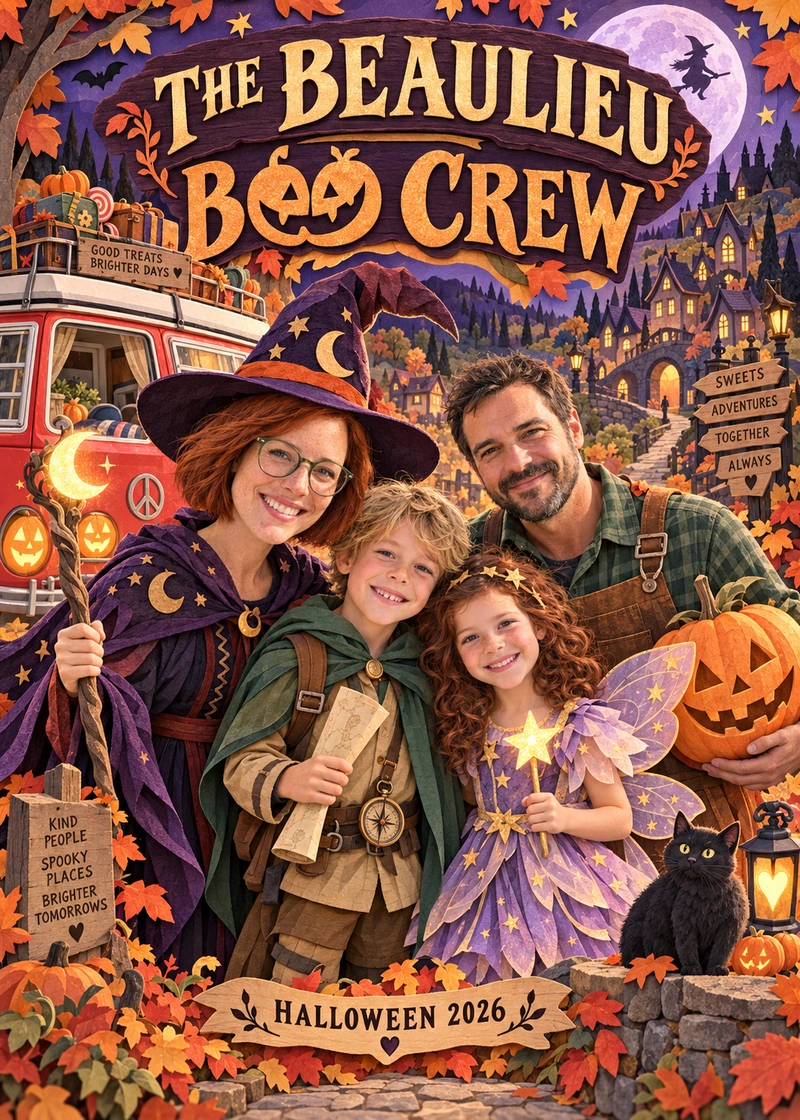 The Beaulieu Boo Crew — Card front. Four familiar faces, a favourite red camper and a family adventure become a handcrafted Halloween storybook.