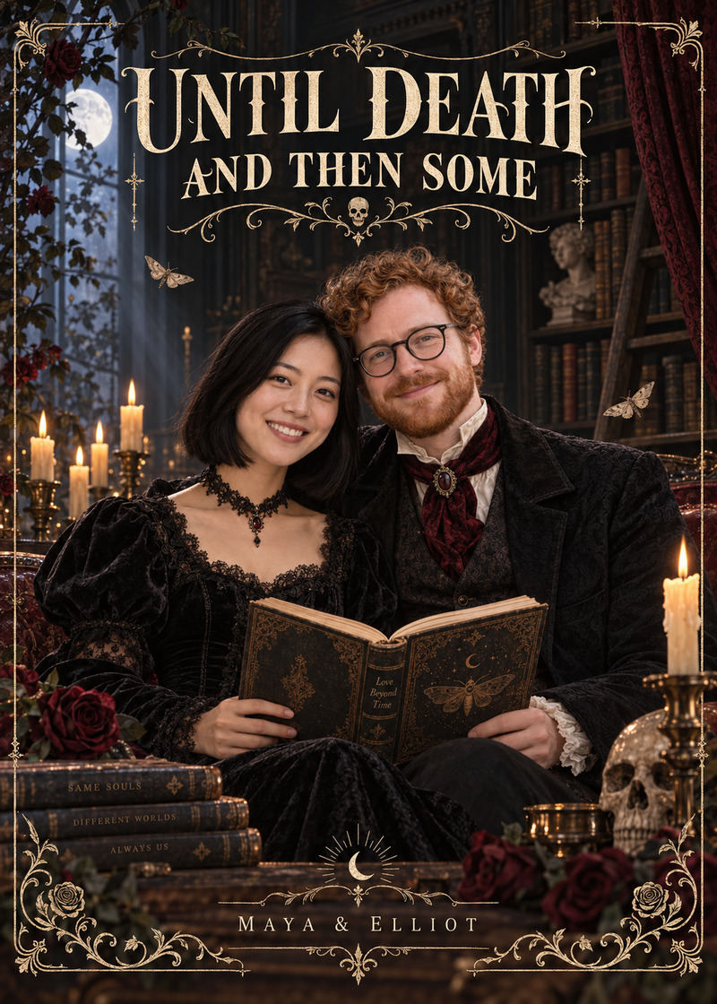 Maya & Elliot: Until Death, and Then Some — Card front. A book-loving couple stars in a gothic library romance inspired by the story of how they met.