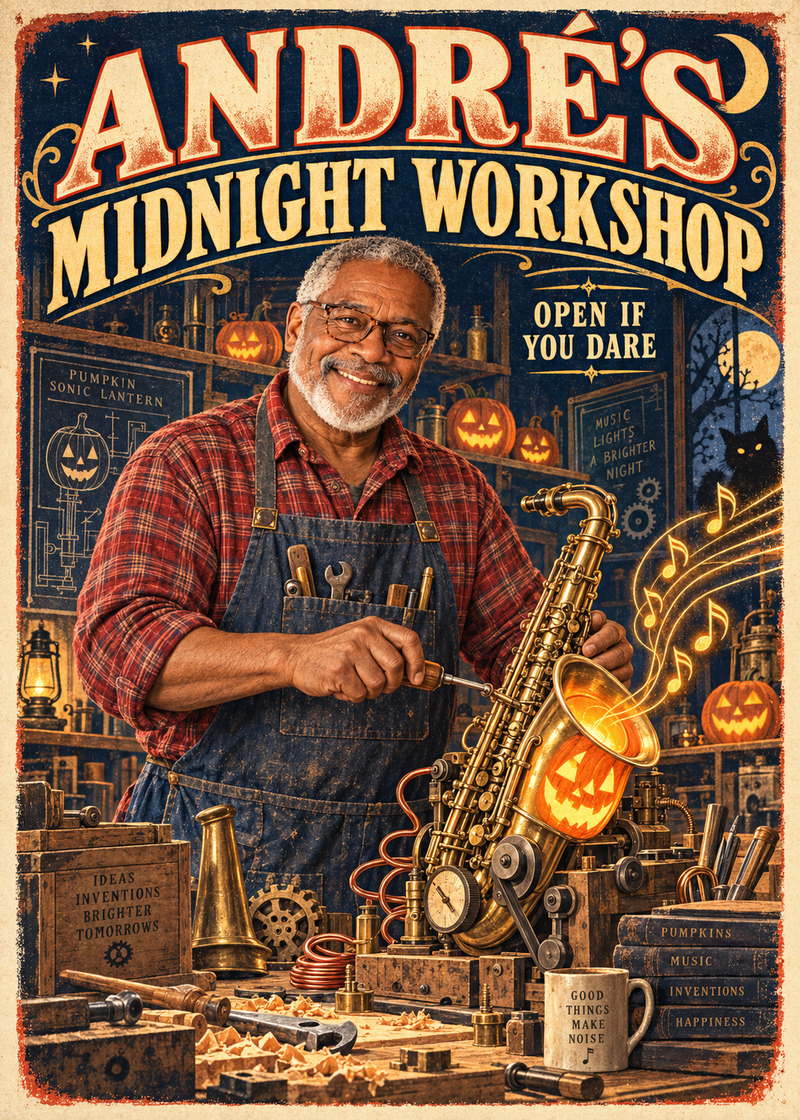 André's Midnight Workshop — Card front. Woodworking, jazz and a forty-year career inspire a playful vintage inventor’s Halloween poster.