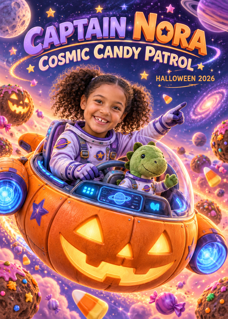 Captain Nora's Cosmic Candy Patrol — Card front. A child’s love of dinosaurs and space becomes a colourful Halloween mission with a dinosaur co-pilot.