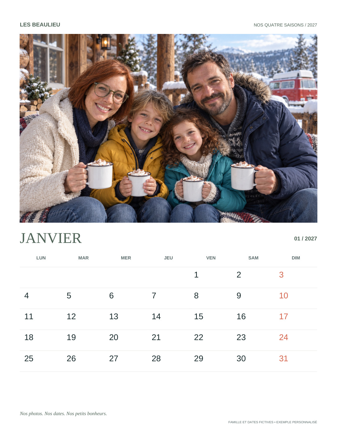 Les Beaulieu — 2027 family wall calendar — January 2027. Twelve monthly pages combine four seasonal family portraits, French month names and example birthdays and anniversary dates.