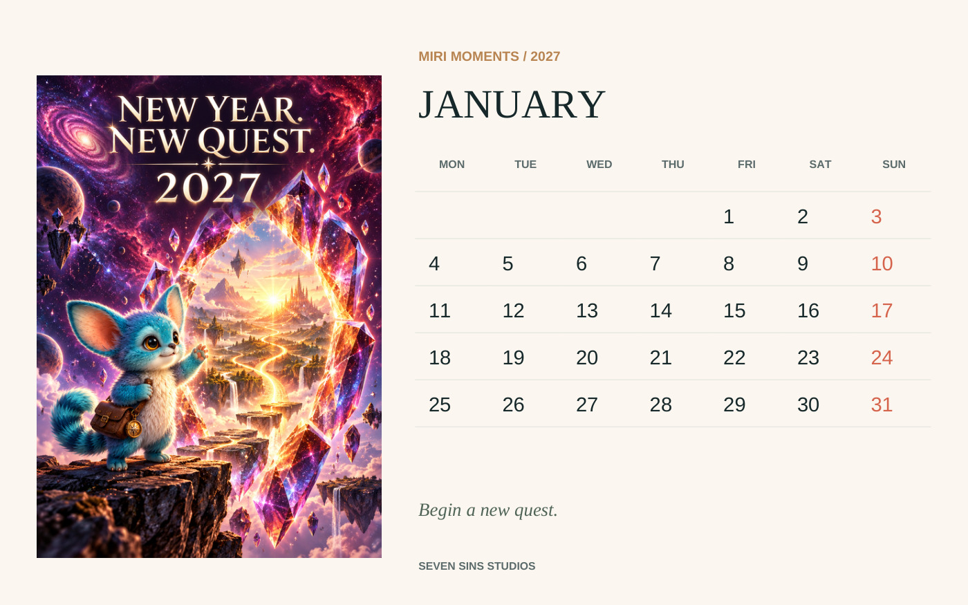 Miri Moments — 2027 desk calendar — January 2027. Twelve illustrated desk inserts pair Miri artwork with clear Monday-start calendar grids for 2027.