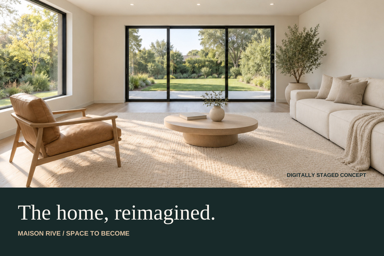 Maison Rive — property staging postcard — Front. A property postcard shows an empty room beside its digitally staged version, retaining the original architecture.