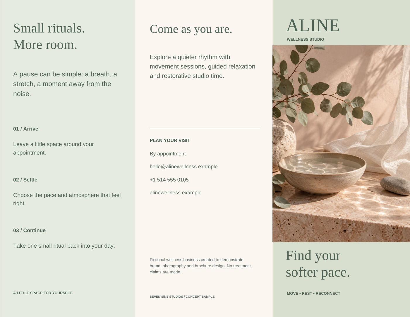 Aline — wellness studio brochure — Front. A six-panel roll-fold brochure combines calm photography, soft colours and clearly typeset service information.