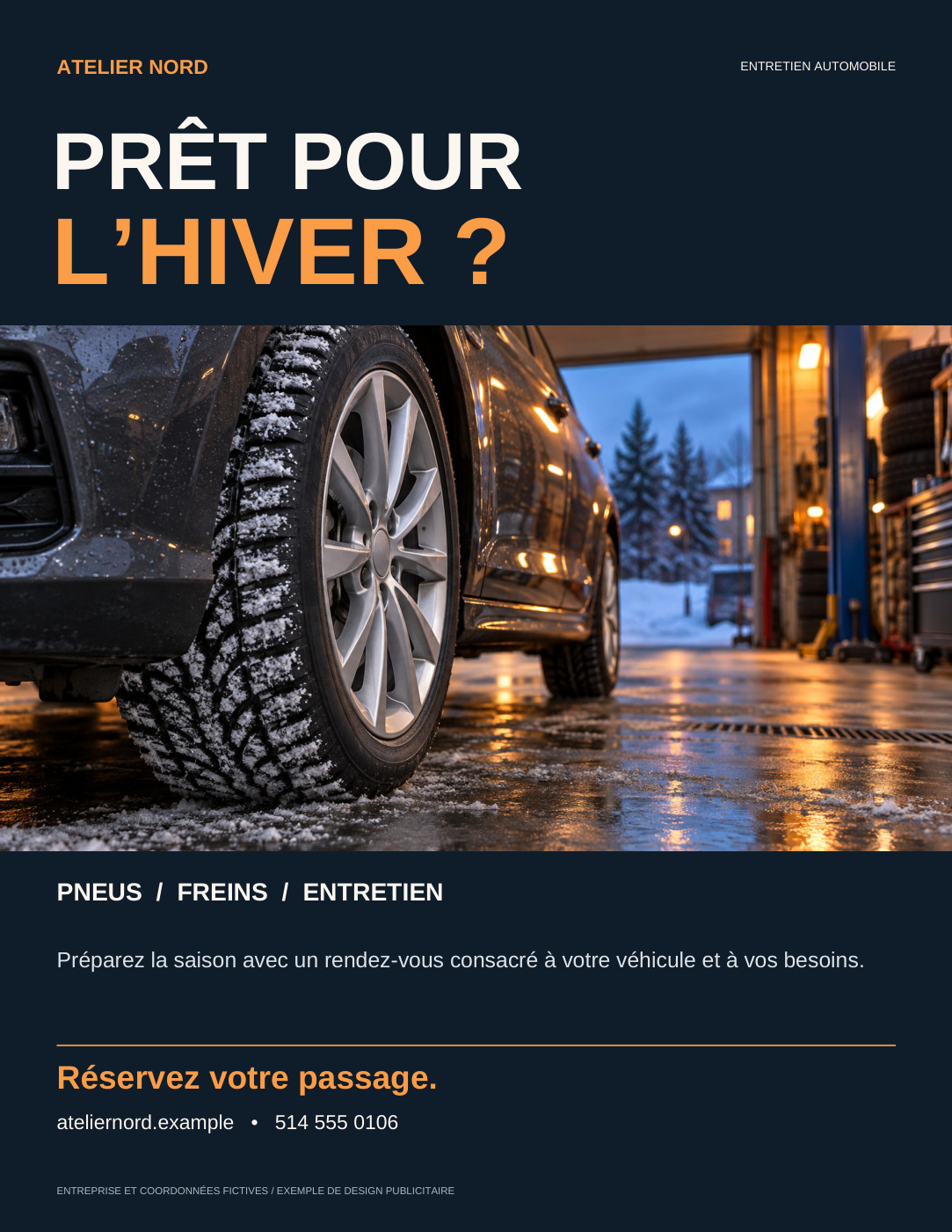 Atelier Nord — winter service flyer — Front. A bold French automotive flyer highlights seasonal service with dramatic winter workshop photography.