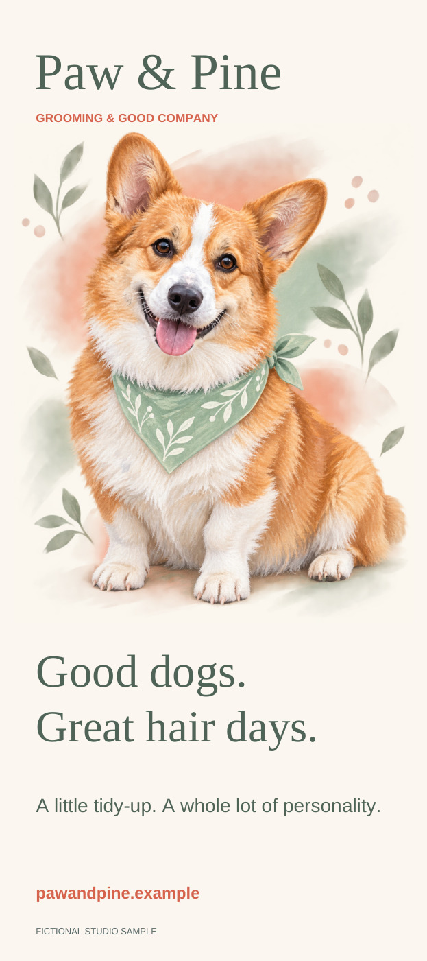 Paw & Pine — grooming rack card — Front. A pet portrait becomes the centrepiece of a two-sided grooming service card.