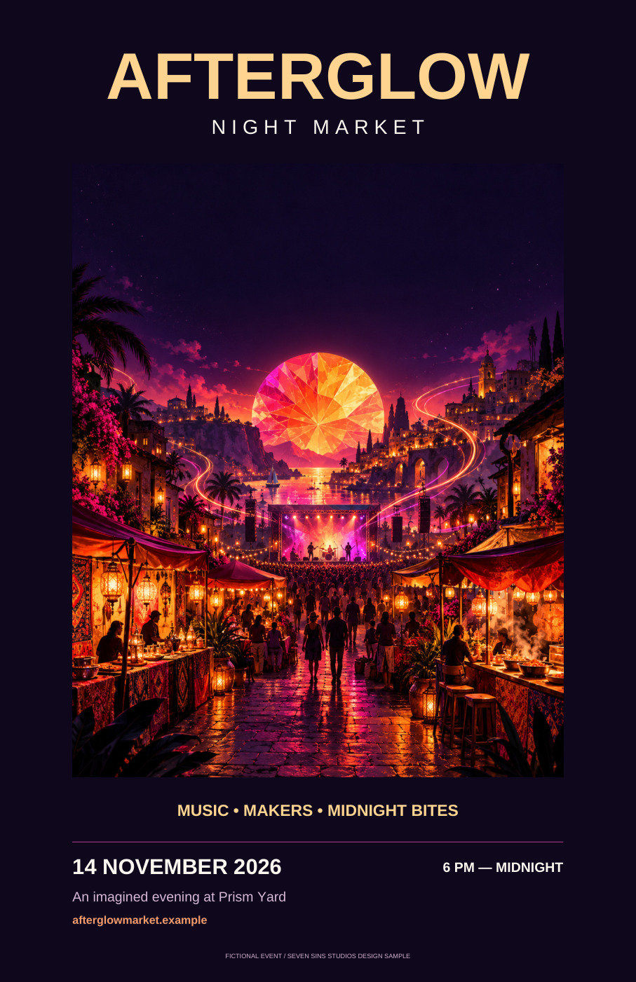 Afterglow — night market poster — Front. Prismatic colour and oversized lettering promote a fictional evening of music, makers and food.