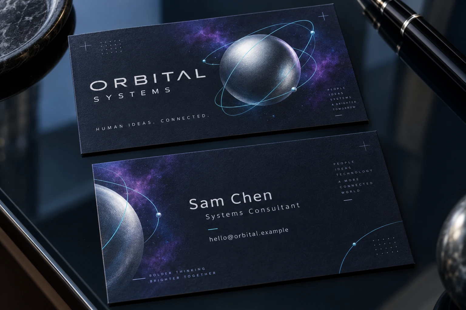 Orbital Systems coordinated front and back business-card concept