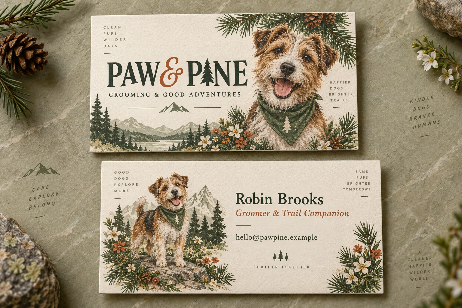 Paw & Pine coordinated front and back business-card concept