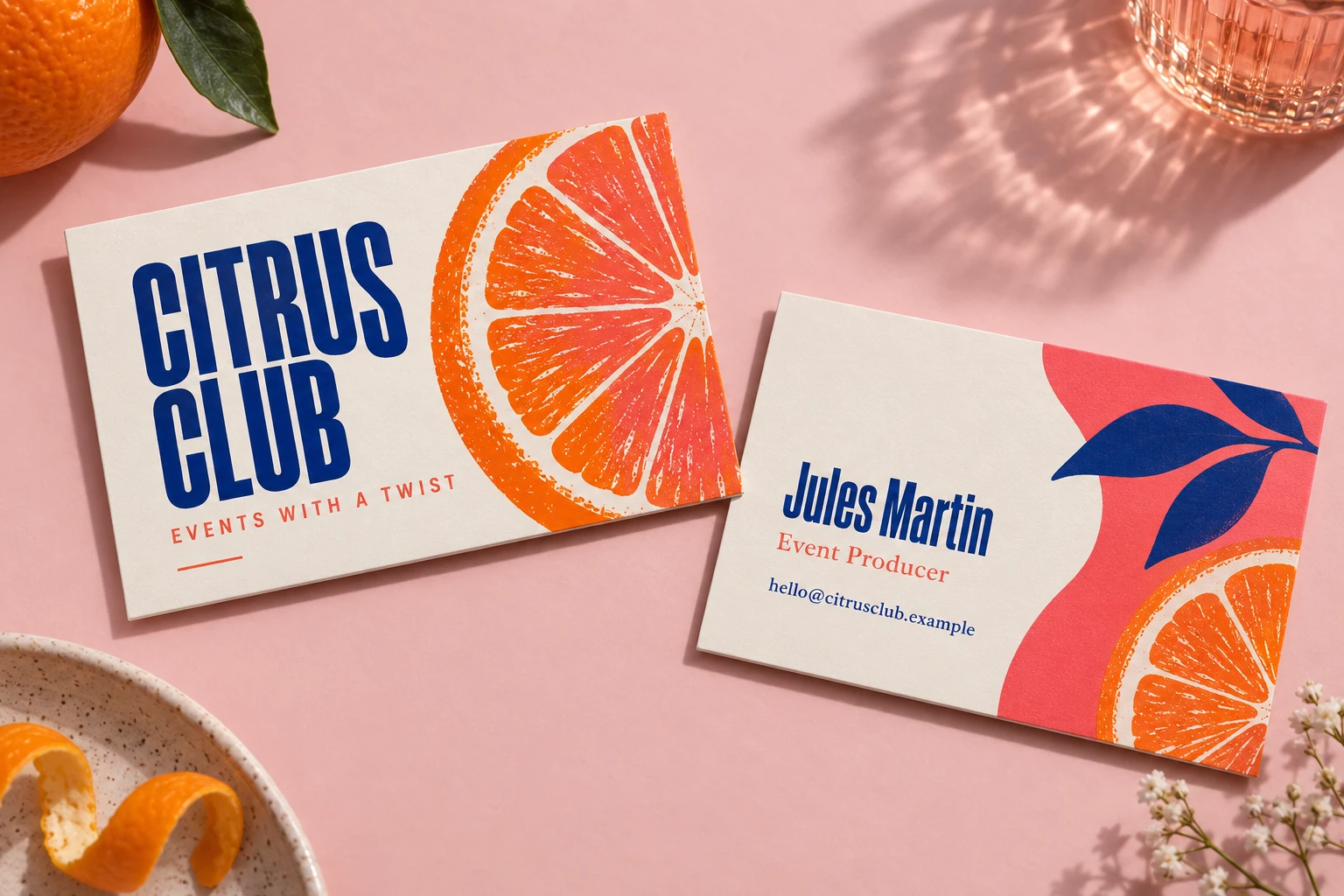 Citrus Club coordinated front and back business-card concept