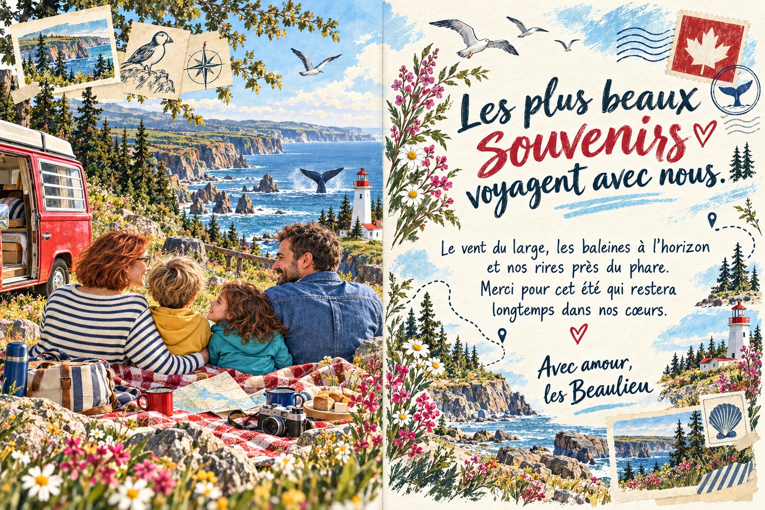Les Beaulieu : Notre été en Gaspésie : intérieur illustré sur deux pages avec un message personnalisé.